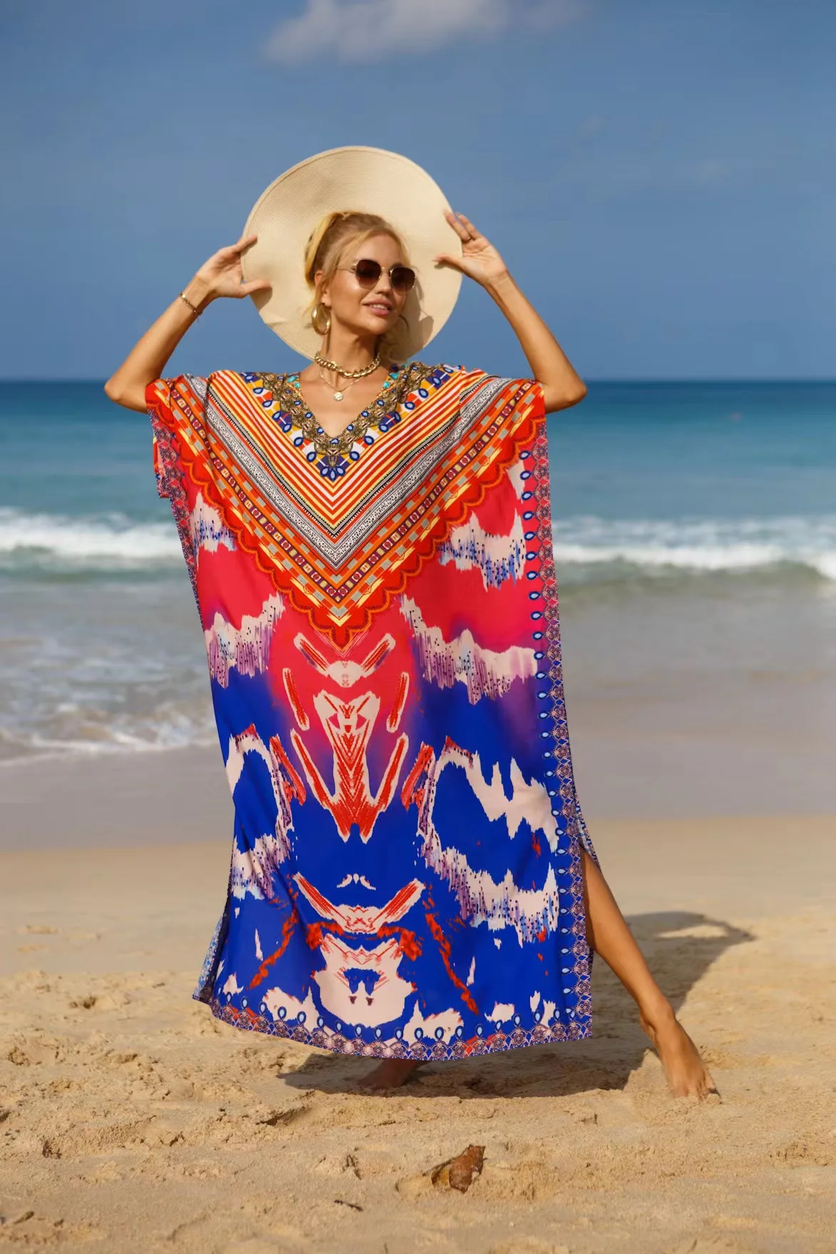 10 Color Beach Kaftan Long Dress for Woman Summer Bathing Suit Cover Up Green National Dresses Split Outfits Bikini Coverup 2024