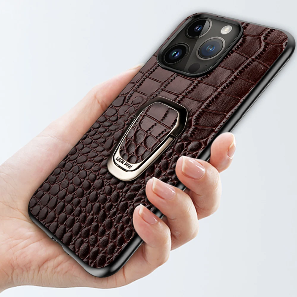 LANGSIDI-Bracket Leather Phone Case, Luxury Cover with Ring Holder, iPhone 15, 14, 12, 13 Pro Max, 15 Plus, XR, XS Max