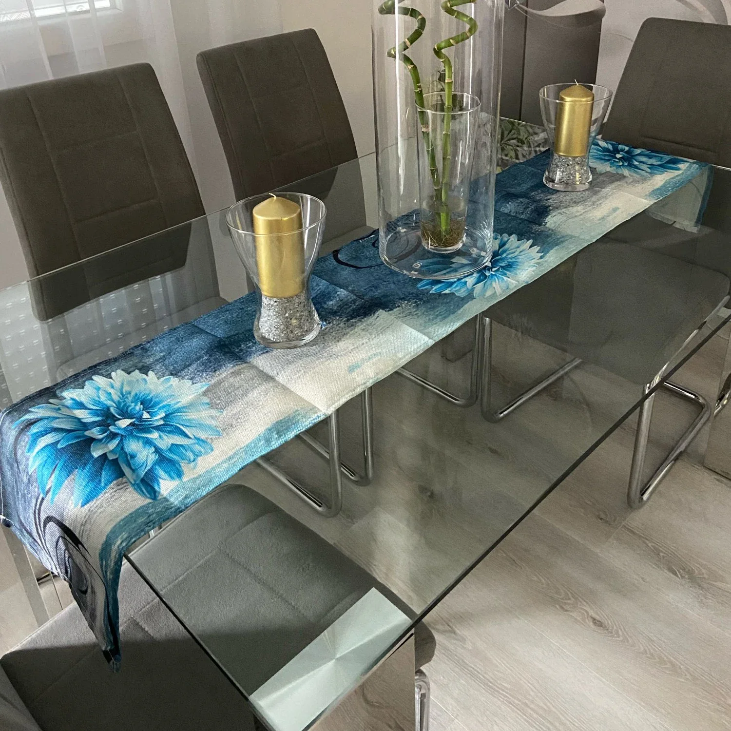 Dahlia Oil Painting Blue Table Runner Decoration Home Decor Dinner Table Decoration Table Decor 3
