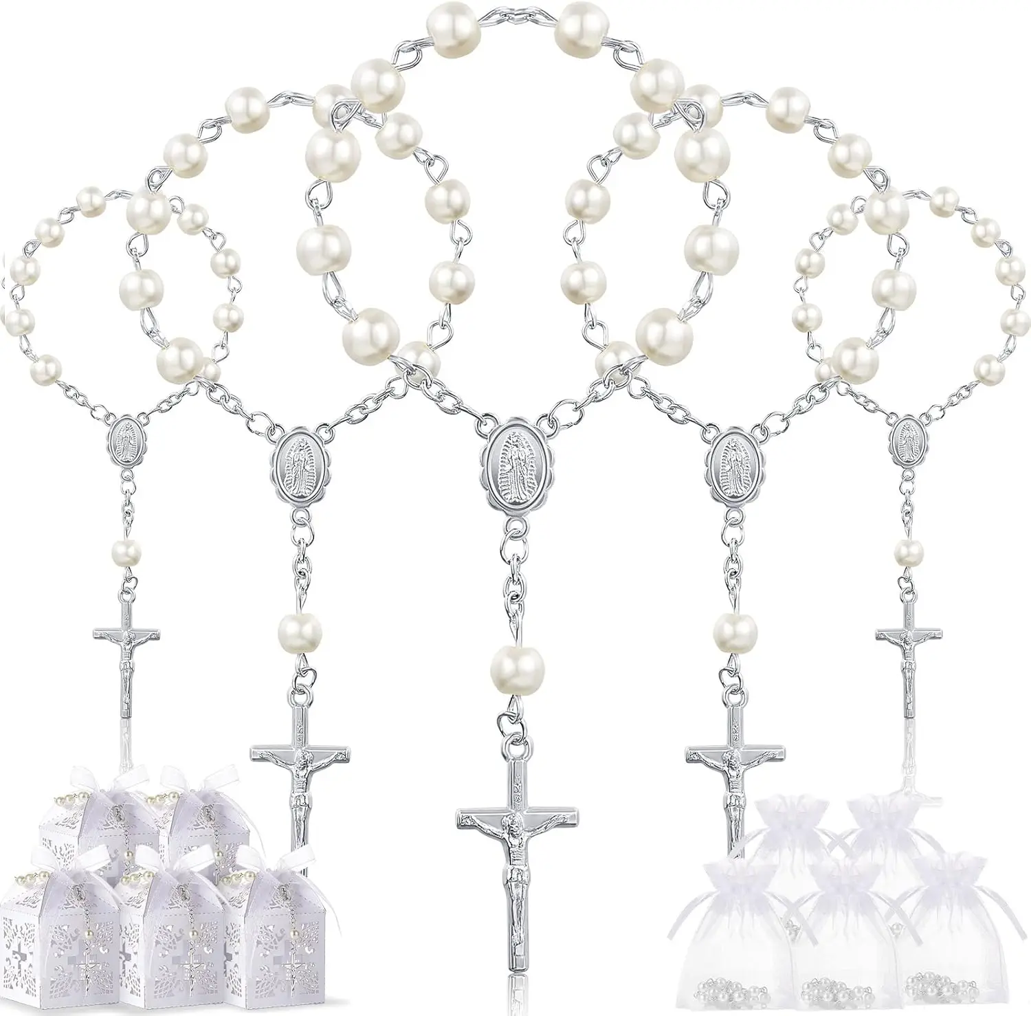 20 Packs Baptism Favors Set Acrylic Rosary Beads Faux Pearls with Organza Bags and Cross Baptism Favor Boxes Recuerdo De Boda Y