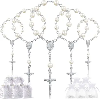 20 Packs Baptism Favors Set Acrylic Rosary Beads Faux Pearls with Organza Bags and Cross Baptism Favor Boxes Recuerdo De Boda Y