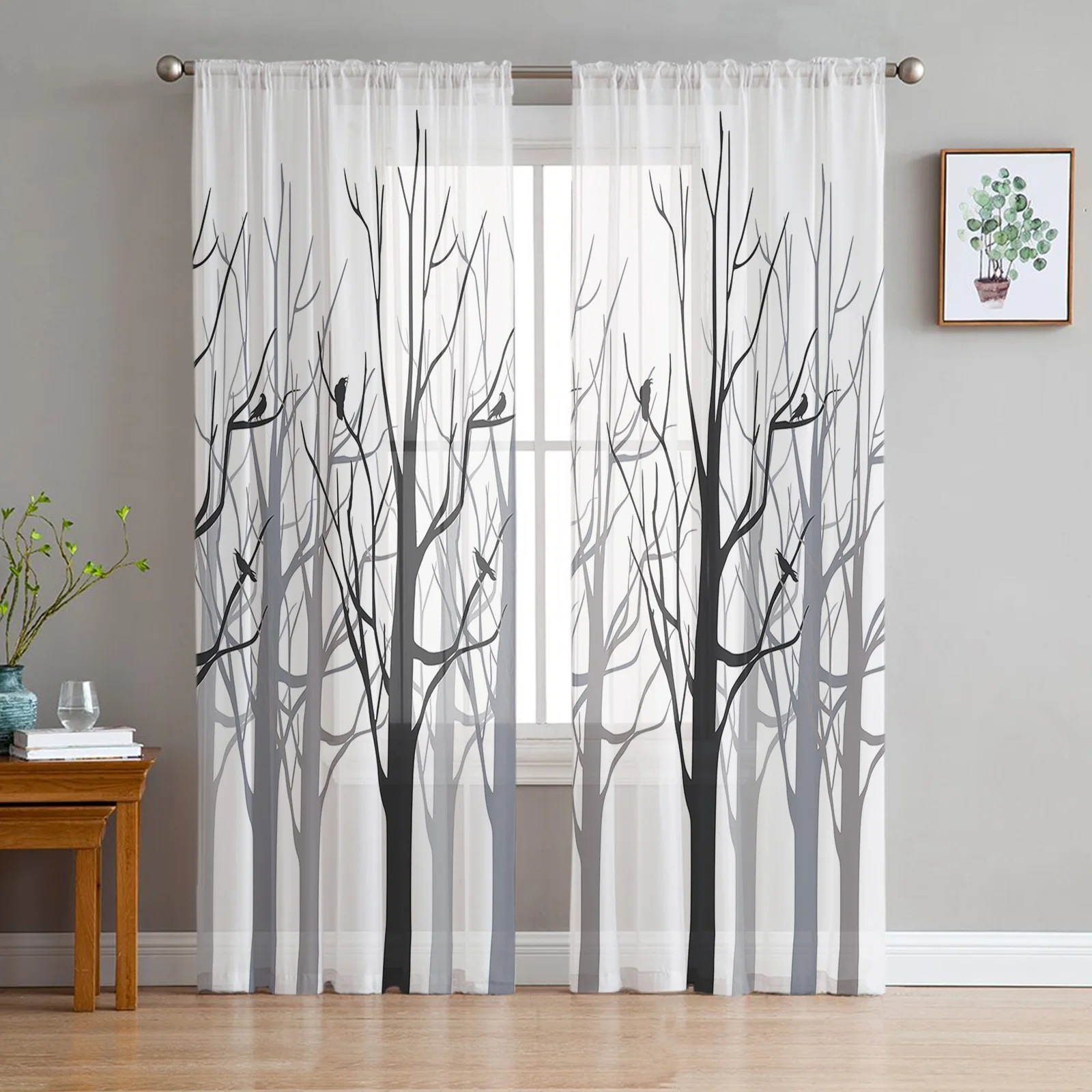 

Forest Branch Silhouette Bird Crow Tulle Curtains Living Room Kitchen Decoration Chiffon Window Treatments Voile Sheer Curtain