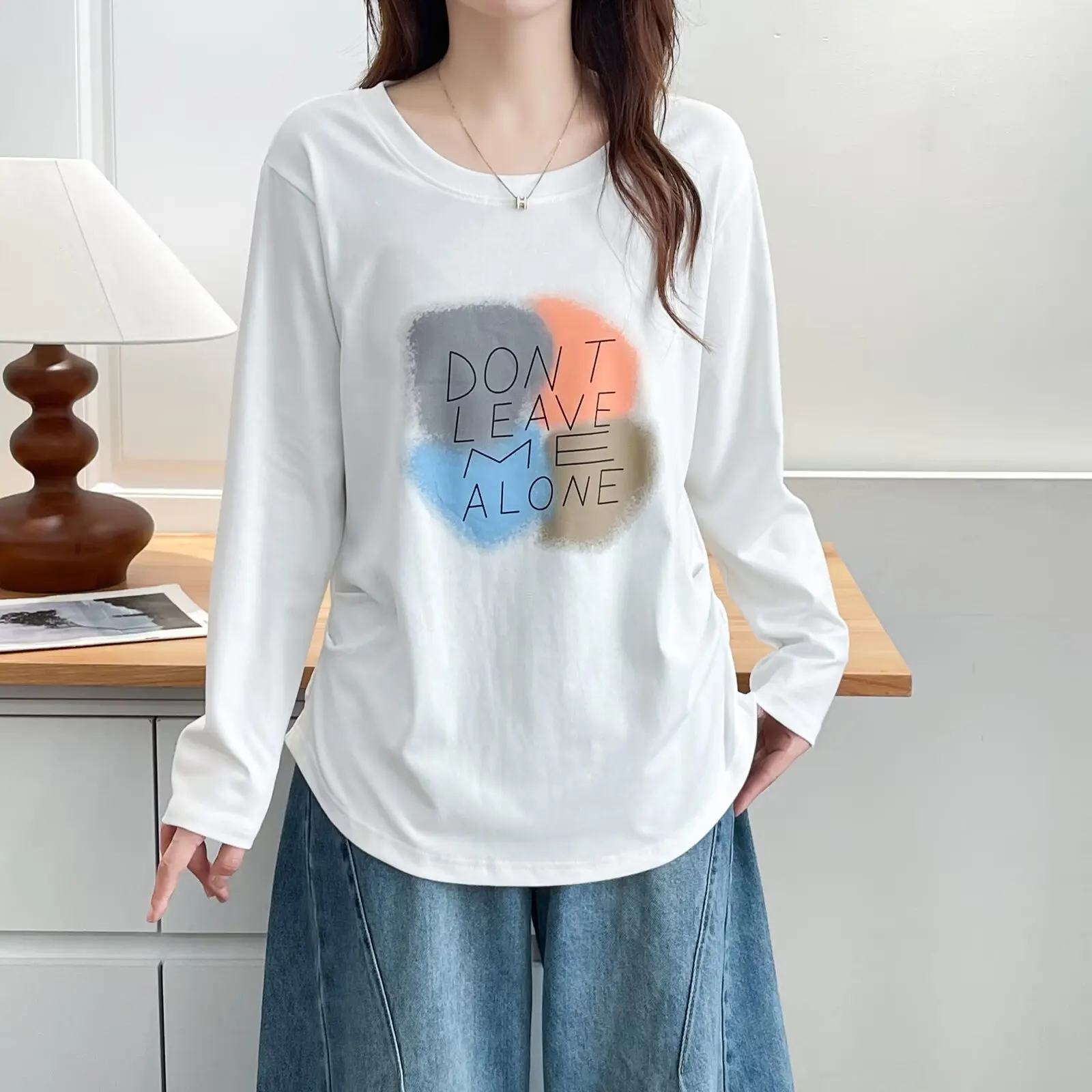 XXXXL Fashion Plus Size Women's T-Shirt Autumn New Simple Pleated Cinched Waist Printed Colorful Printed Long Sleeved Tops 8220