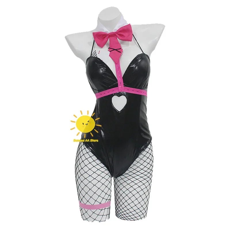 Black Patent Leather Bunny Girl Cosplay Costume with Wig and Accessories
