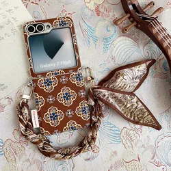 Luxury Embroidered Floral Phone Case with Ribbon Chain - Galaxy Z Flip5 (Wine Red)