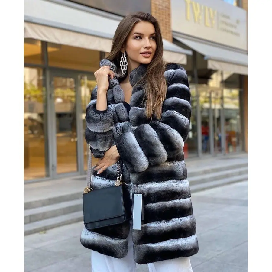 

Women Real Rex Rabbit Fur Coat Stand Collar Chinchilla Colour Mid-Length Winter Outerwear Natural Fur