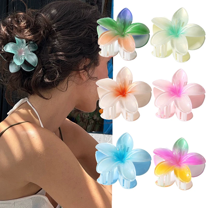 8cm 새로운 대형 진주 빛 달콤한 그라데이션 아크릴 frangipani 머리핀 상어 클립 머리핀 헤어 액세서리