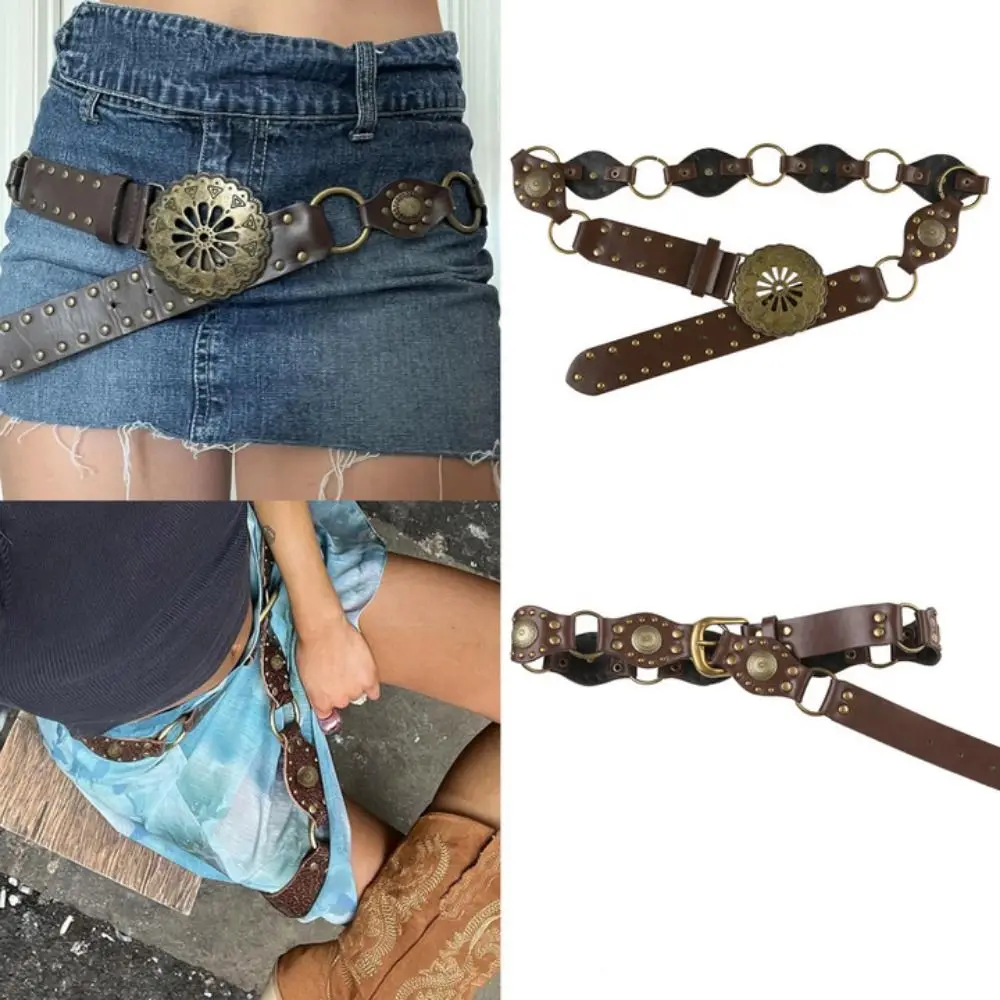 

Y2K Disc Belts Vintage Metal Buckle Round PU Belts Western Style Retro Hollow Belt Women