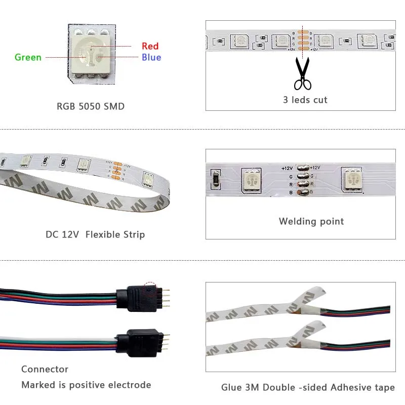 LED 스트립 라이트, RGB 5050 음악 동기화 색상 변경, 민감한 내장 마이크 앱, 유연한 LED 조명, DC12V, EU 플러그