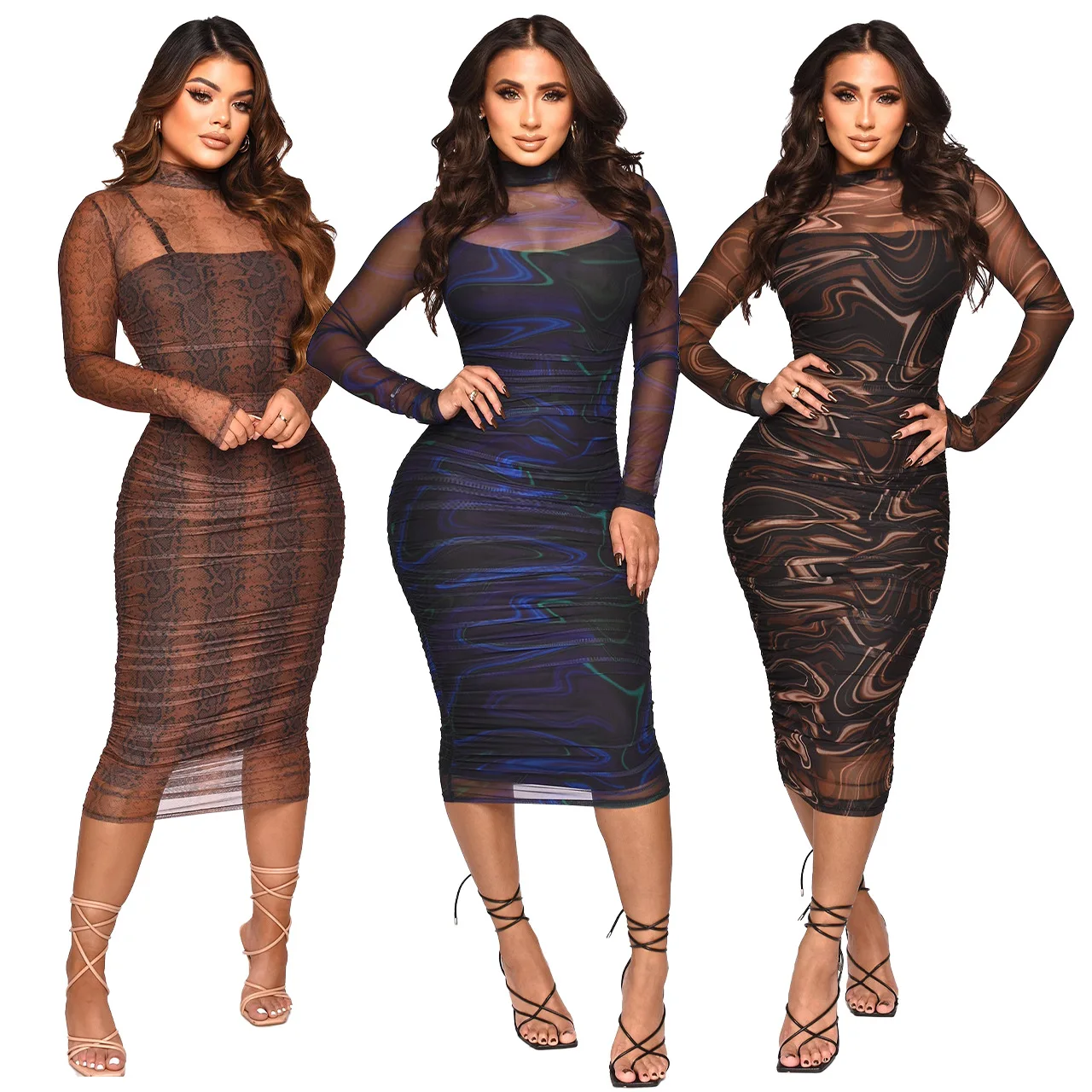 

Women's Sexy Mesh Printing Long Sleeve Bodycon Halter Dress, See-Through Gauze, Hollow Out, Party Club Suspenders, Two-Piece Set