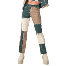 

High Waist Women Jeans Plaid Patchwork Straight Cargo Denim Pants Solid Pocket Stitching Basic Casual Loose Baggy Jeans Women