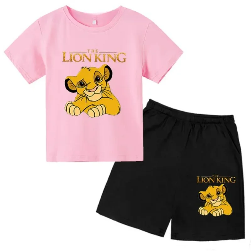thumbnail image 1 of Conjunto de 2 piezas de camiseta y pantalones cortos con estampado de El Rey León Simba para niños y adolescentes, ropa informal de manga corta, traje de moda, 1 of 5