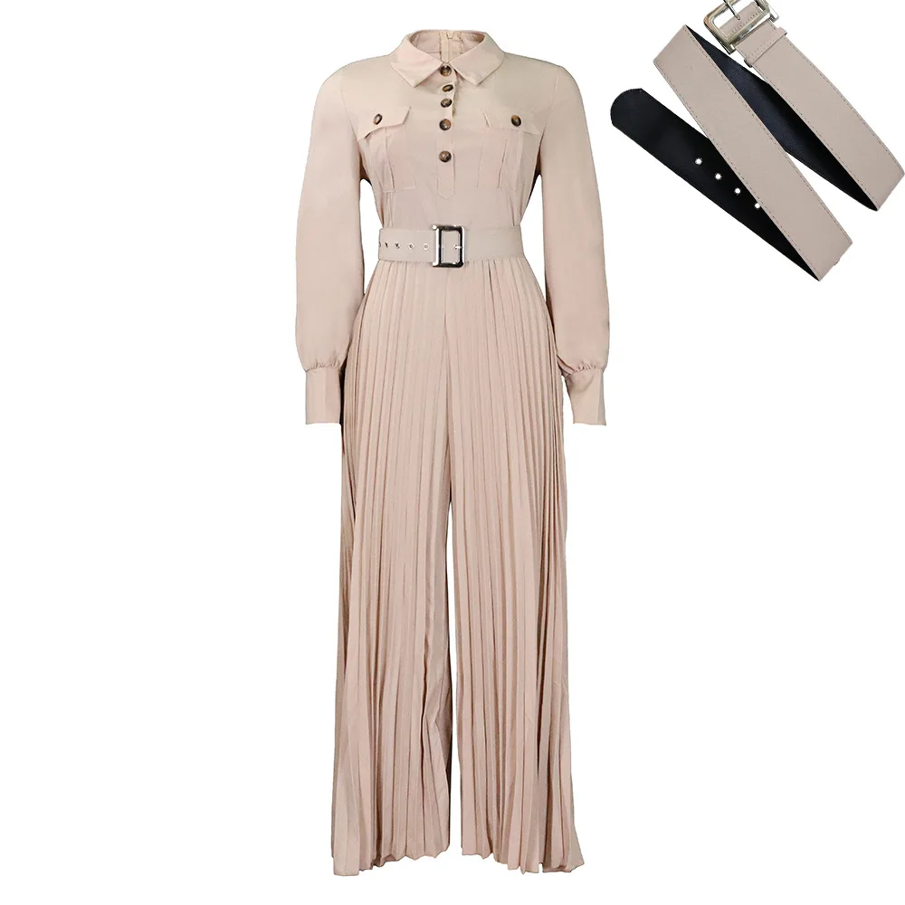 Belt European and American women's 2023 spring and summer new long-sleeved leisure loose pressure pleated wide-leg foreign trade