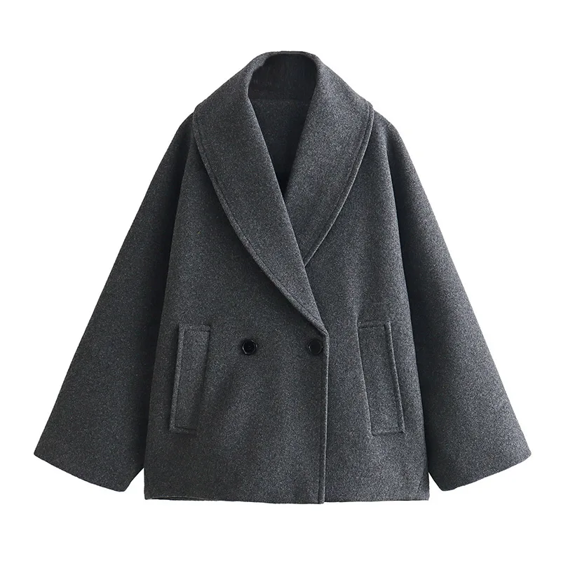 Retro Loose Woolen Blend Coat Women Lapel Double-Breasted Long Sleeve Pocket Thick Gray Jacket 2025 Autumn Spring Streetwear