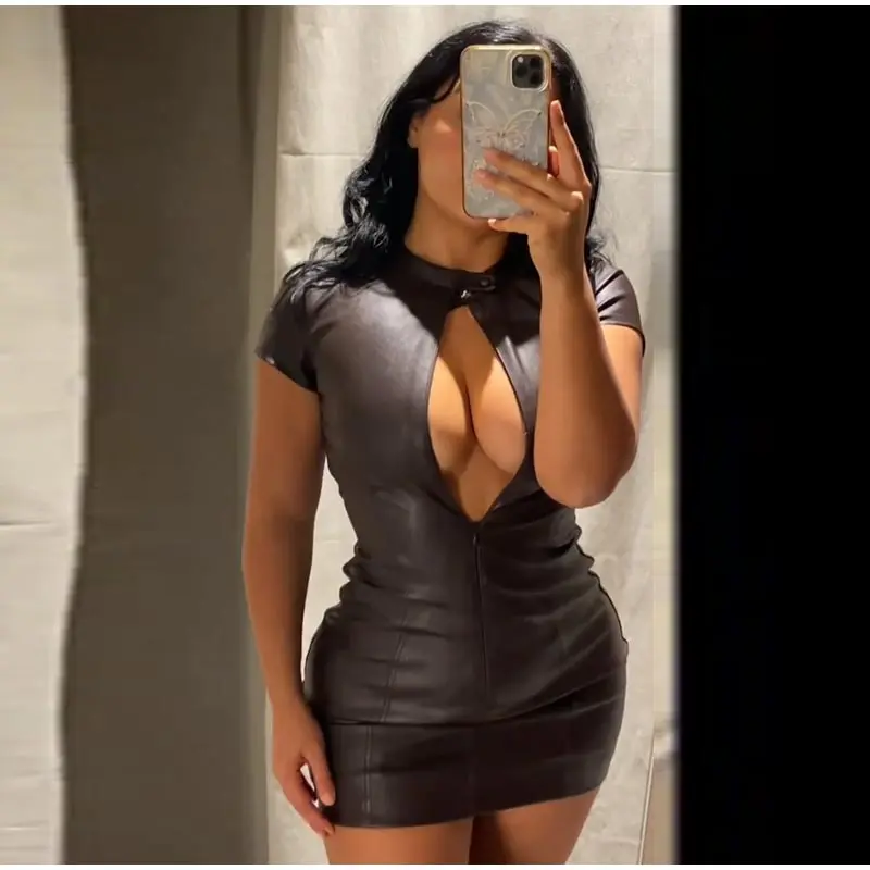 Damen-Minikleid aus massivem PU-Leder mit kurzen Ärmeln, hohem Ausschnitt, Reißverschluss, Hüftpaket, Taille, Cinching-Kleider, 2025, Herbst-Moto-Kleidung – Detail 7