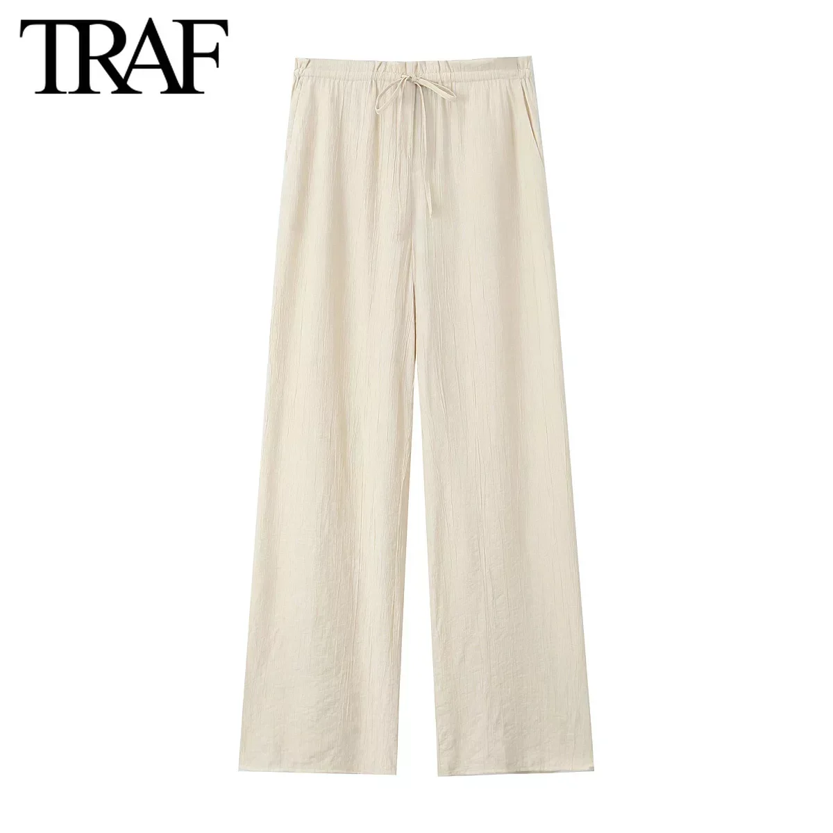 TRAF Women Fashion Spring Summer New Black Lace-up Textured Pants Chic Female Elastic Waist Wide Legs Trousers Mujer