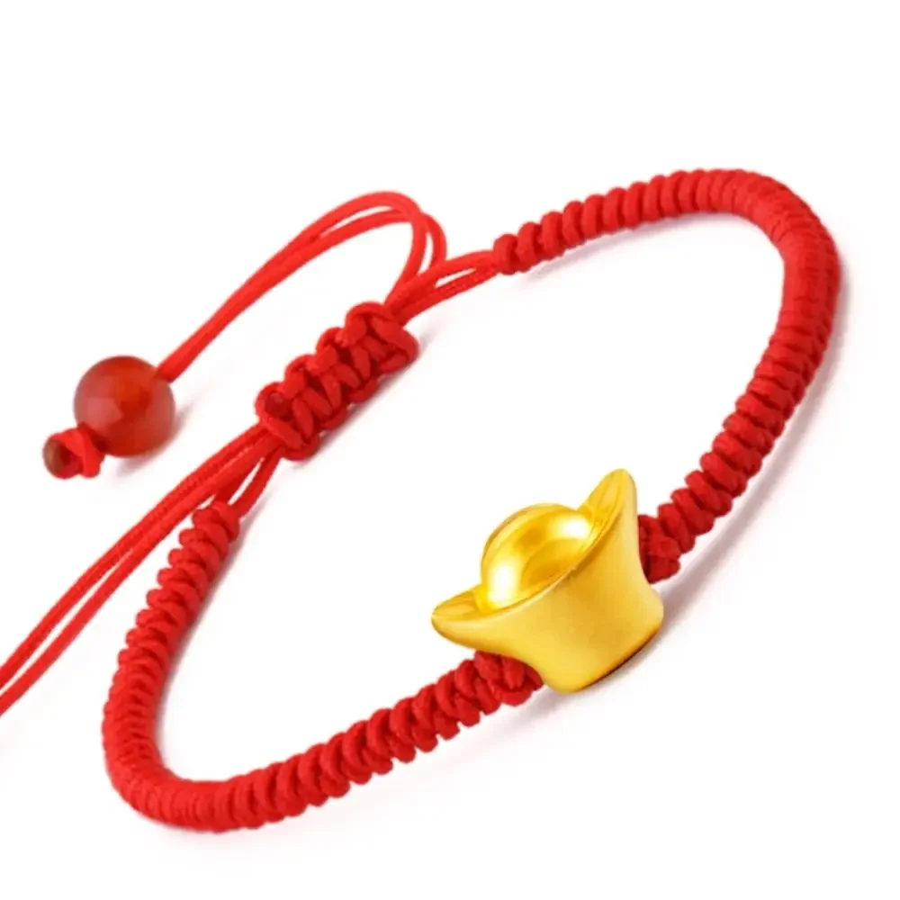 

Pure 24K Yellow Gold 3D Yuanbao Bead Lucky Braided Bracelet 16cm Length