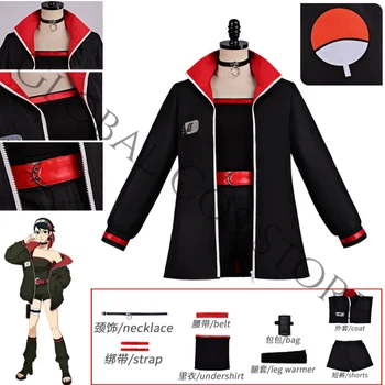 Costume Cosplay del Personaggio Anime Uchiha Sarada, Top Nero, Cintura Rossa e Set di Accessori con Choker, Abito da Combattimento per Comic Con