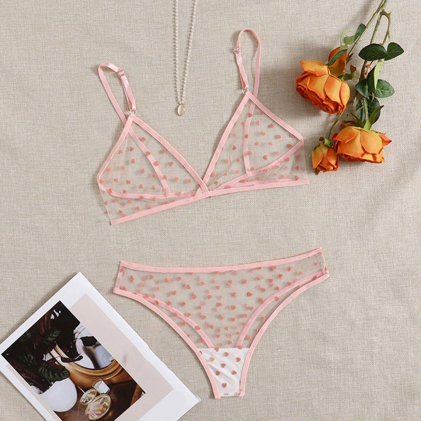 Roze Vrouwen Ondergoed Beha String Sexy Lingerie Sexy Transparant Kant Polka Dot Sensuele