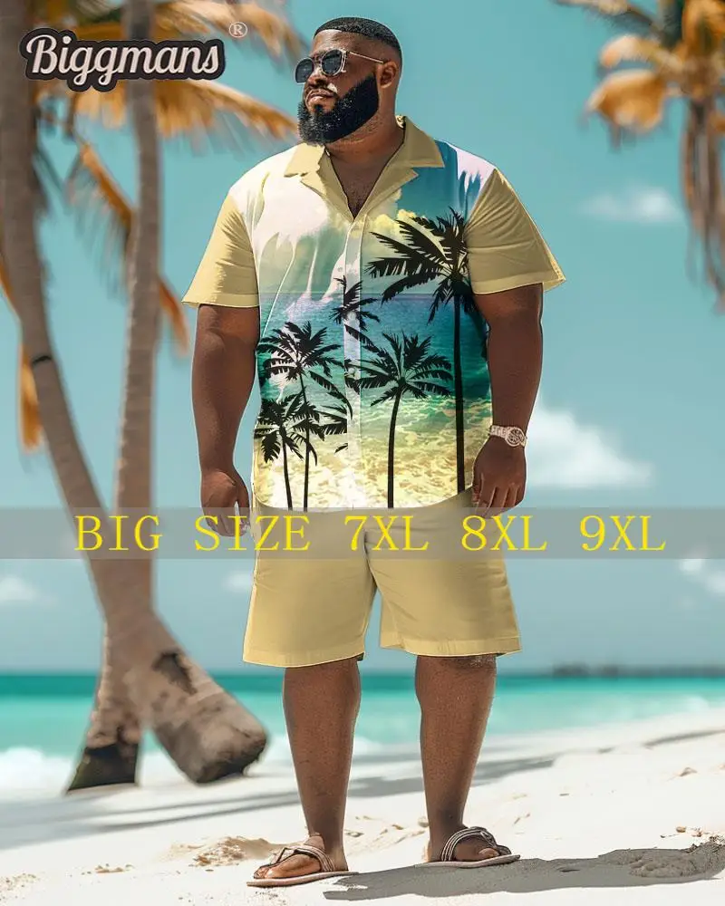 Biggmans Plus Size Set （L-9Xl） for Summer Oversize Hawaii Suit Men's Beach Print Series Short Sleeve Shirt Shorts 7Xl 8Xl 9Xl