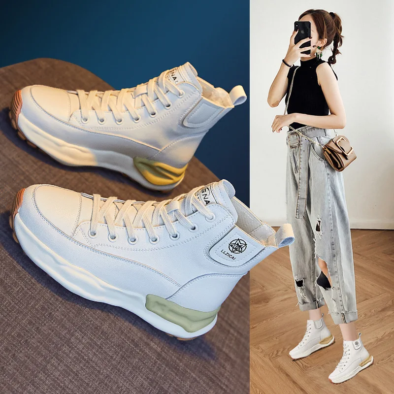 

High Top Shoes Women's Winter Velvet 2022 New Leather Cotton Shoes Sports Casual Shoes Versatile Heightening Small White Shoes