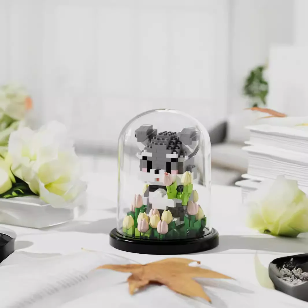 Flower Bouquet Building Blocks Animal Set Dust Cover Bonsai Cute Animal Bear Bunny Dog Model Kids Romantic Gift for Girls