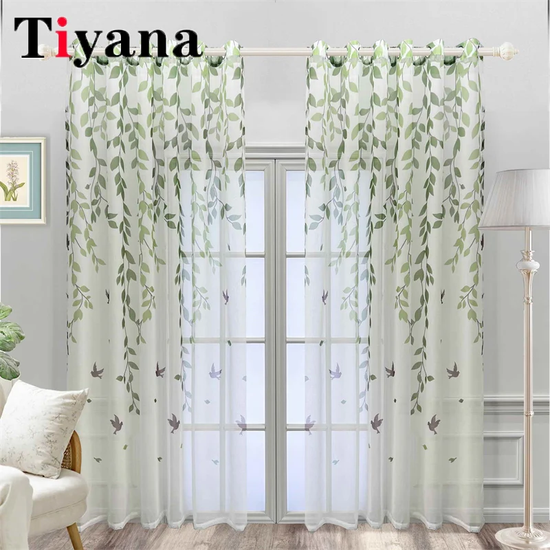 미국 목가적인 녹색 잎 얇은 명주 그물 어린이 침실 새 인쇄 커튼, 거실 발코니 창 드레이프 코티나스