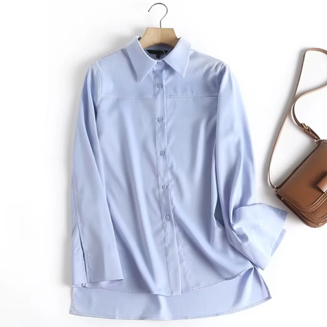 

Dave&Di Fashion Sky Blue Long Sleeve Blouse Women New Women Clothing Casual Shirt
