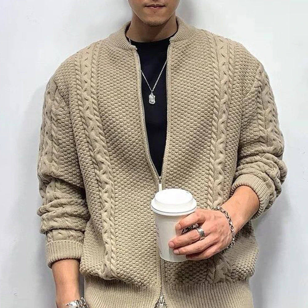 

Mens Casual Zipper Cardigan Knitted Jacket Autumn Genderless Fashion British Hemp Pattern Solid Color Simple Couple Coat Unisex