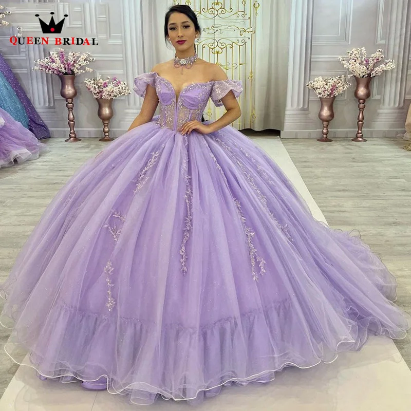 

Purple Quinceanera Dresses Tulle Appliques Puffy Ball Gown Lace Beading Off the Shoulder Sweet 16 Dresses Party Prom Gowns WS08