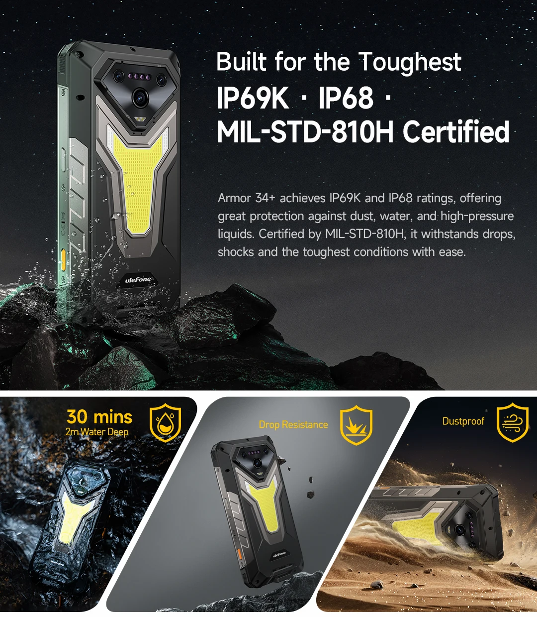 Ulefone Armor 34+ 25500mAh Rugged Phone 5G AI Smartphone Android 15 Up to 32GB+512GB 64MP Night Camera 6.95" 120Hz Display NFC