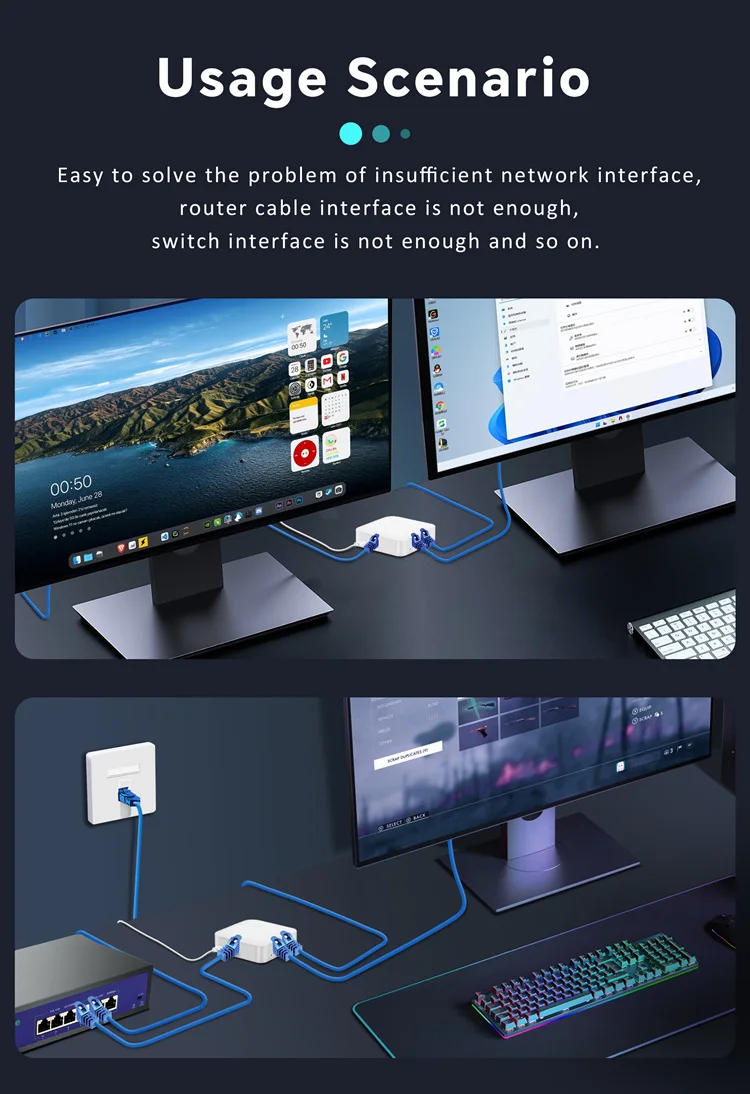 기가비트 USB C 전원 인터넷 이더넷 스플리터, 네트워크 케이블 익스텐션, 범용 고속 어댑터, 1-2 Rj45