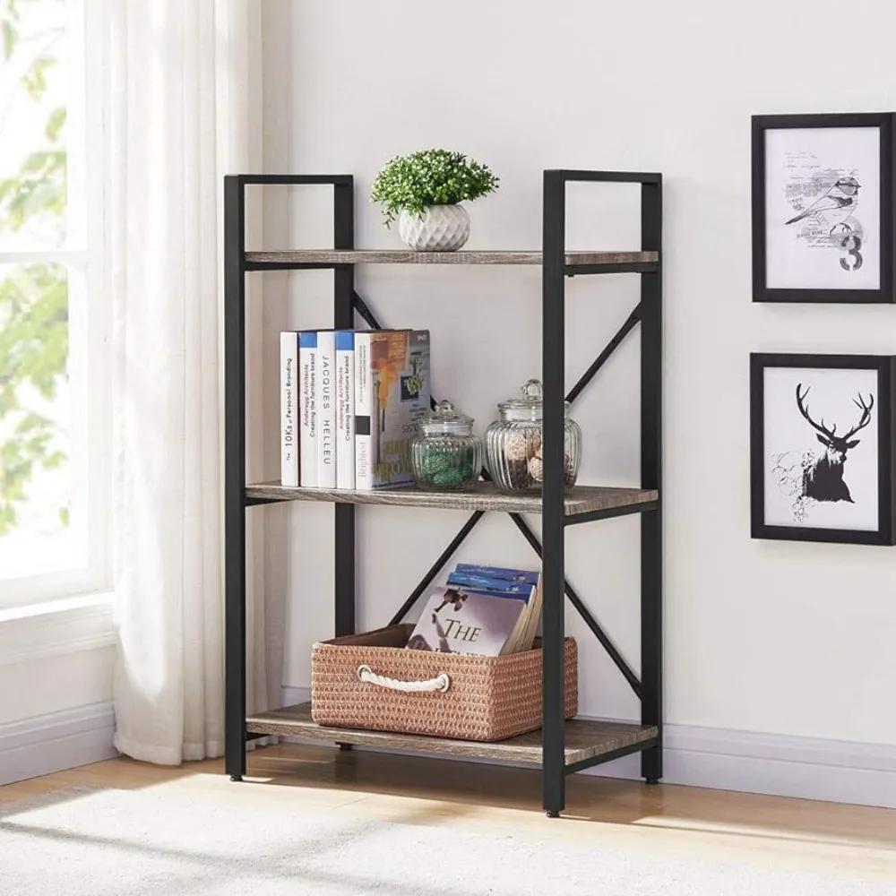 

BON AUGURE Small 3 Tier Bookshelf, Rustic Industrial Book Shelf, Short Wood Metal Standing Etagere Bookcase for Living Room