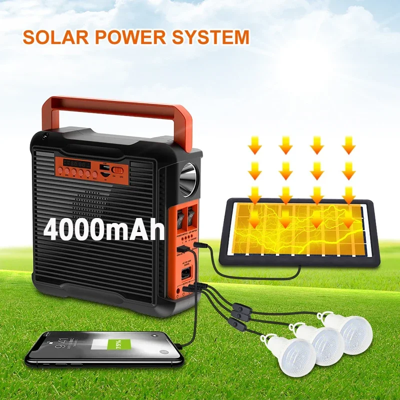 Solar Light Solar Power Panel Generator Kit 3 LED Bulbs Bluetooth Radio Speaker solar panel portable power station for Outdoor Camping Emergency Power Supply