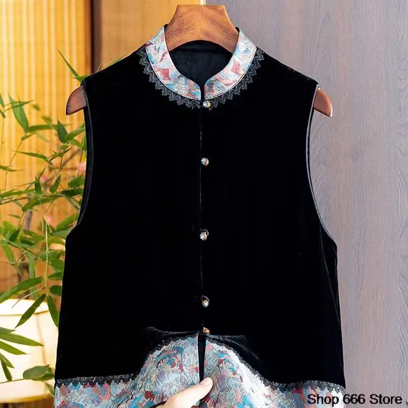 중국 전통 레트로 여성 상의 조끼, 하이 칼라 프린트 벨벳 조끼, 가디건 한푸 탕 세트, 가을 겨울 패션
