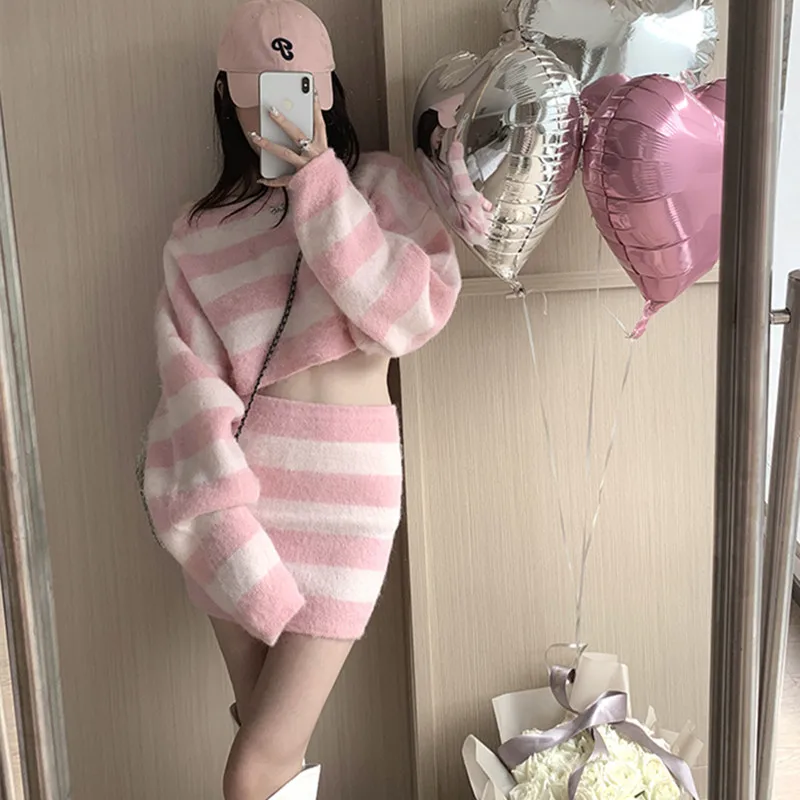 Autumn Striped Two-piece Skirt Set Women Long Sleeve Cropped Off Shoulder Top Bodycon Mini Skirt Korean Fashion Suits New