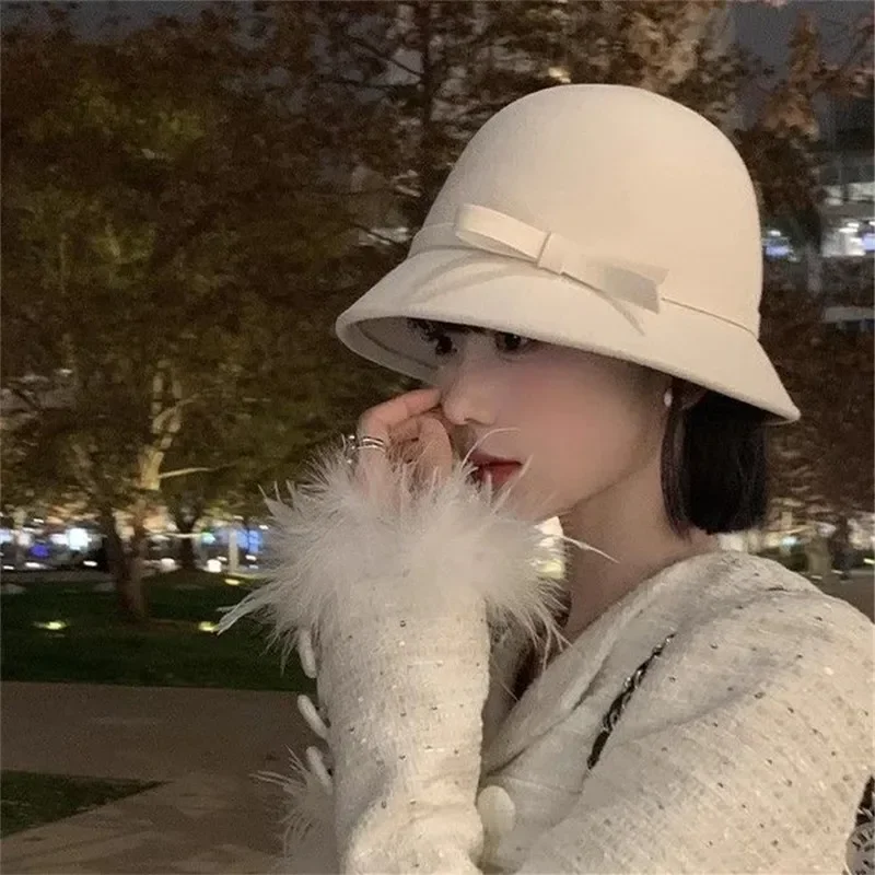 Elegant Bow Fedoras Hats for Women Autumn Winter Retro Imitation Woolen Bucket Hats Solid Color Dome Lady Felt Basin Caps - 2