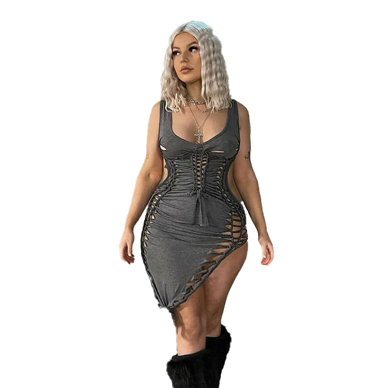 

Women Sexy Hollow Dress Fold Design Sleeveless Backless Dissymmetry Mini Dress Female Midnight Party Streetwear Sexy Prom Dress