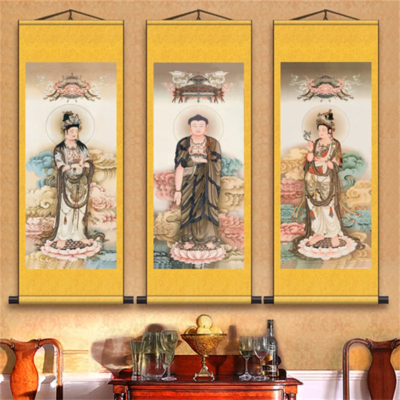 

Guanyin Bodhisattva Three Saints' Portrait Hanging Painting Amitabha Buddha Connecting Drawing Scroll Painting Silk Buddha Mural