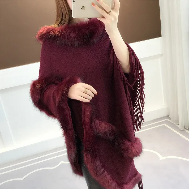

Poncho Cloak Autumn and Winter New Faux Fur Collar Tassel Cape Shawl Women's Mid Length Pullover Knit Fashion Coat Red