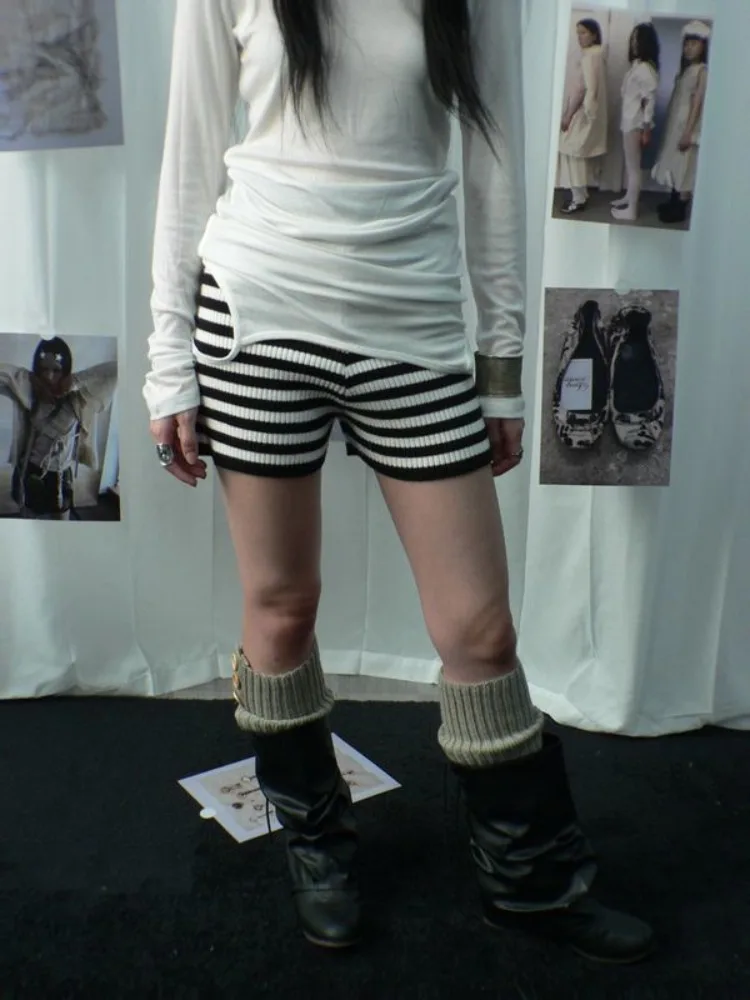 Knitted Women Shorts Short Mujer Vintage Fashion Striped Ropa De Mujer High Waist Tunic Shorts Summer Pantalones Cortos De Mujer_ecoleips.com
