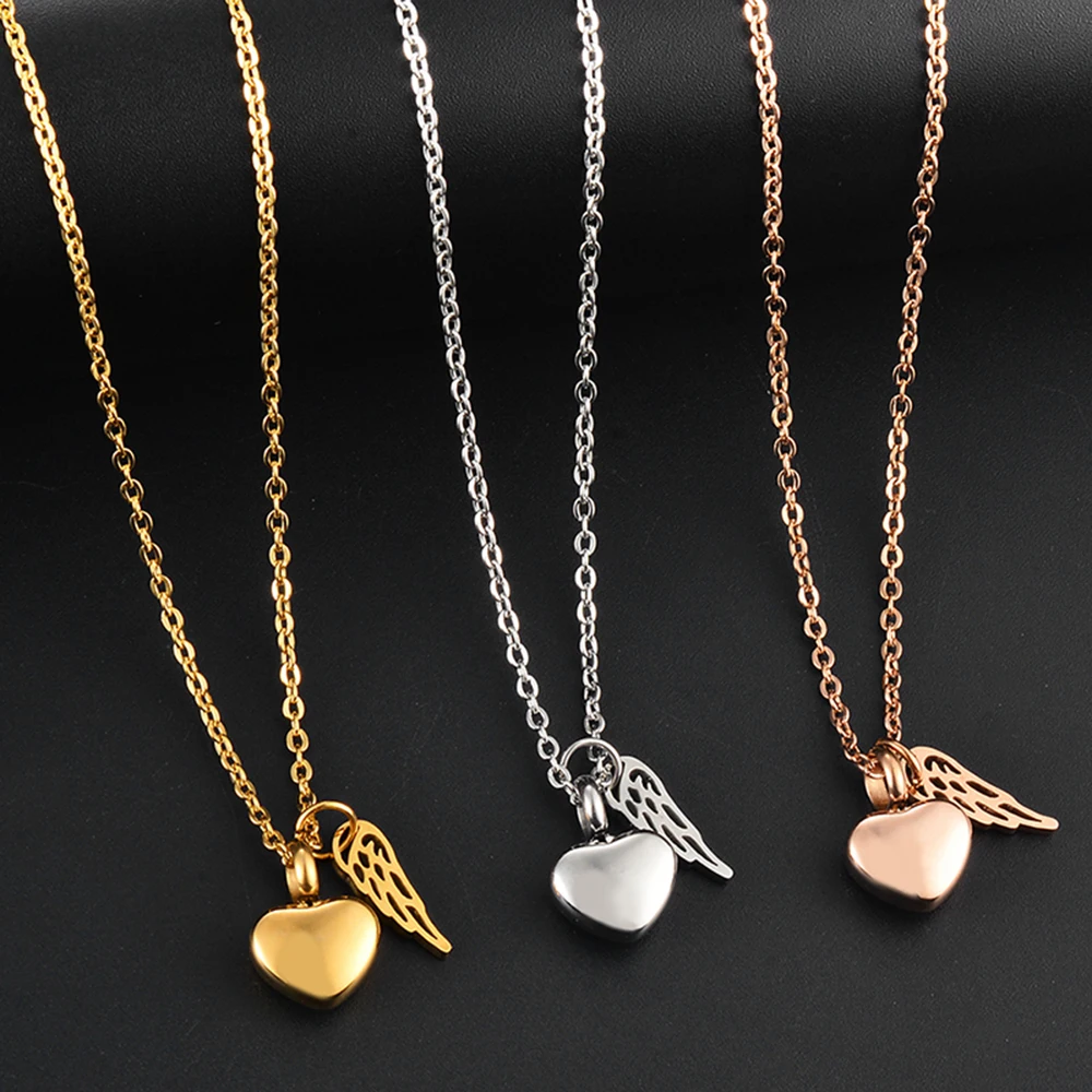 Edelstahl Mini Engelsflügel Liebe Herz Feuerbestattung Schmuck für Asche Anhänger Asche Halter Memorial Halskette Schmuck 3 Farben