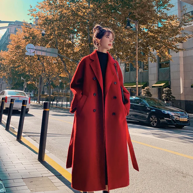 Red Long Woolen Coat Women's 2023 Autumn and Winter New Korean Loose Hepburn Style Over-the-Knee Thickened Woolen Coat women platform square toe over the knee boots