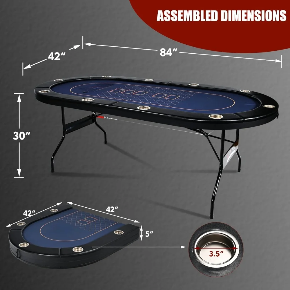 Poker Table Foldable for 10 Player, Folding Casino-Style Texas Hold'em w/Faux Leather Padded Rails & Stainless Steel Cup Holders