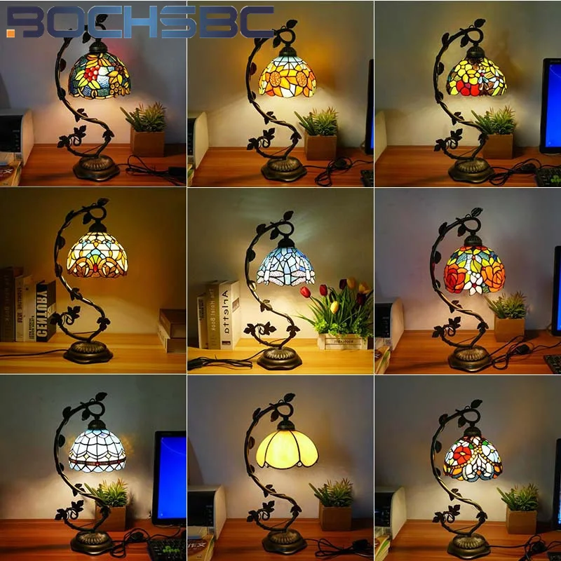 

BOCHSBC Tiffany style stained glass American retro desk lamp for bedroom bedside lamp cafe study restaurant table lamp LED decor