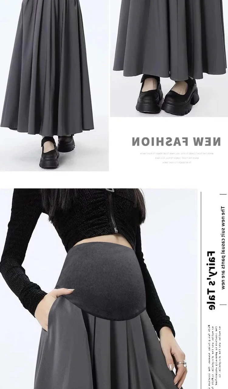 Hohe Qualität Frühjahr Neue Anzug Vorne und Hinten Plissee Schwangere frauen Langen Rock Taschen Bauch Stretching Mutterschaft Langen Rock – Detail 19