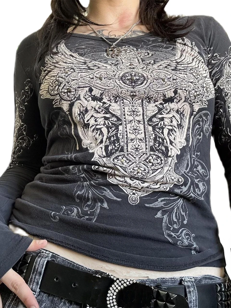 

Women s Vintage Long Sleeve Tops V Neck Sword Wings Print Slim Fit T-Shirts Grunge Tops