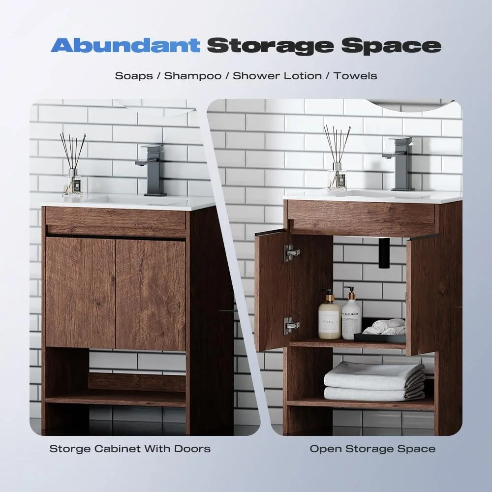 24" Bathroom Vanity, Brown Modern Small Single Bathroom Cabinet Set, Soft Closing Doors with Metal Handles, Storage, Sink Base 4