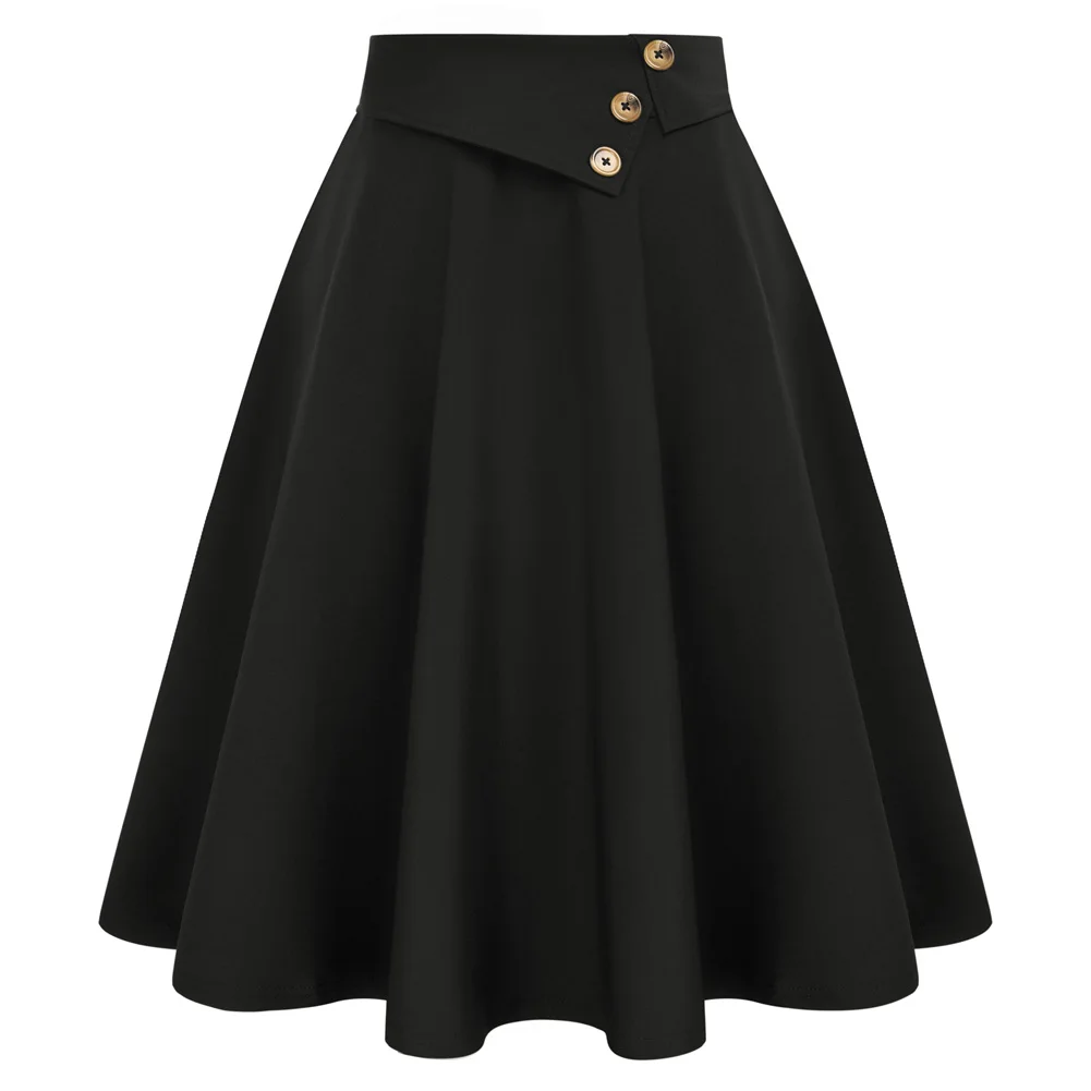 

BP Women Vintage Swing Skirt Elastic Waist Buttons Decorated Flared A-Line Skirts Elegant Solid Womens Clothing Streetwear