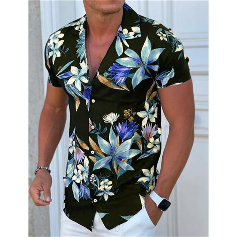 Camisa hawaiana con estampado de hojas florales para hombre, camisas hawaianas con estampado de plantas coloridas en 3D, blusas holgadas y transpirables con solapa, mangas cortas